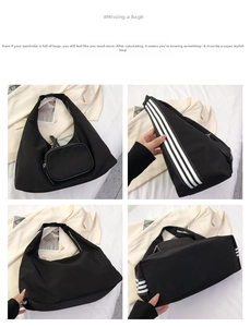 Detail of black nylon crescent shoulder bag with side stripes and mini coin pouch