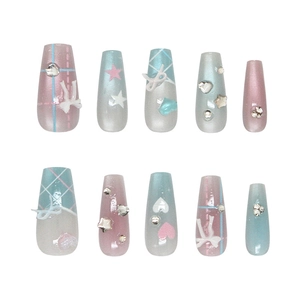 Handmade press-on nails with pink blue gradient, 3D bows, rhinestones and plaid patterns