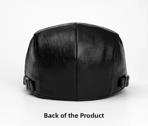 Back view of black PU leather flat cap showing adjustable metal buckles and texture