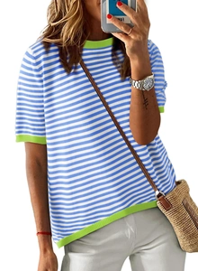 Close-up of knit texture on blue-white striped shirt with neon green ribbed edges