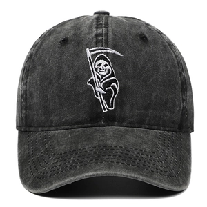 Grim Reaper Embroidery Washed Cotton Baseball Cap Adjustable Distressed Vintage Dad Hat Halloween Outdoor Streetwear For Men Women