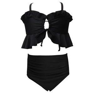 Bikini deux pièces noir pour filles avec bordures à volants, découpe à nouer et taille haute
