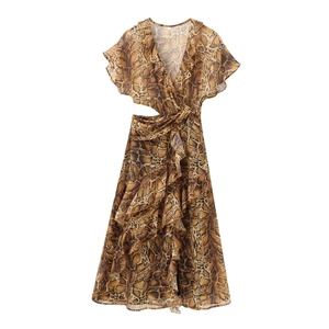 Women Snake Print Chiffon Maxi Dress V Neck Ruffle Short Sleeve Waist Cut Out Tiered Hem Elegant Casual Long Dress