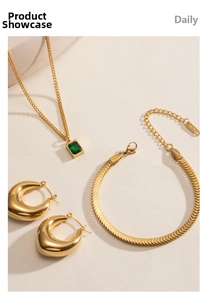 Detail view of 18K gold plated jewelry set with emerald zircon and K18 hallmark