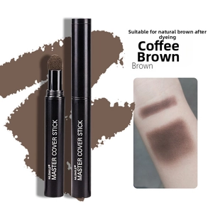 Detail of brown hairline contour stick showing sponge tip and skin swatch