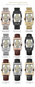 Matrix display of nine skeleton mechanical watches in various colors and leather straps