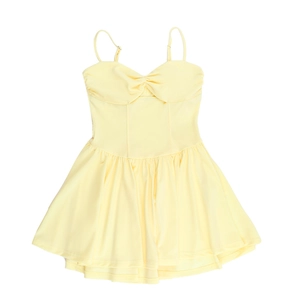 Detail of light yellow mini dress featuring adjustable thin straps and pleated chest design