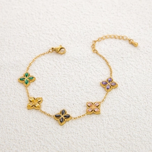 18k gold plated stainless steel clover bracelet with multi-colored gemstone charms