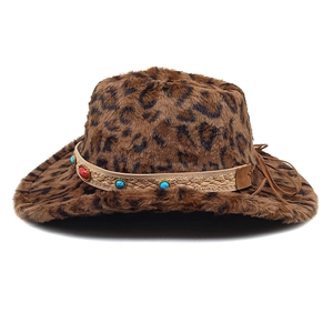 Detail of leopard print faux fur cowboy hat with turquoise beads and woven band