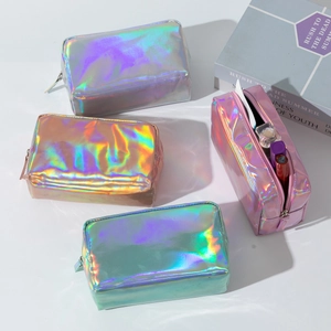 Close-up of holographic laser PU makeup bags showing colorful iridescent metallic finish