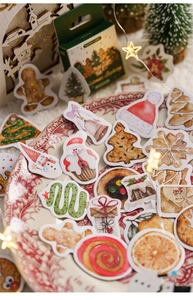 Detail of Christmas Bakery stickers with Santa and gingerbread motifs in a festive setting