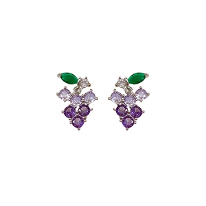 Silver needle earrings featuring purple zircon grape cluster with green leaf accents