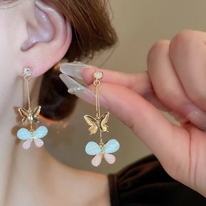 Elegant gold butterfly dangle earrings with cubic zirconia and blue pink plaid resin charms