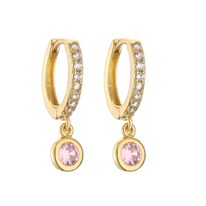 Detail of 18K gold-plated hoop earrings featuring round pink cubic zirconia charms