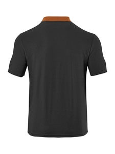 Close-up of men's dark grey waffle knit shirt featuring a brown contrast collar detail