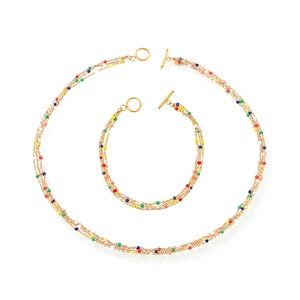 Multilayer gold chain necklace and bracelet set with colorful enamel beads and T-bar clasp