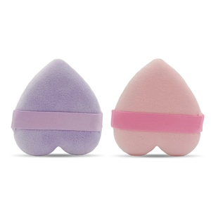 Pair of soft heart-shaped flocking powder puffs in pink and purple for makeup
