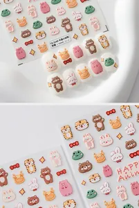 Macro detail of 5D embossed nail stickers featuring cute cartoon animal character patterns