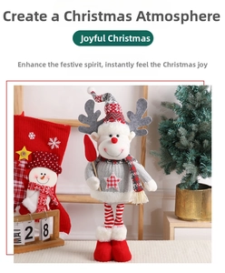 Detailed view of a plush Christmas reindeer toy with striped legs in a festive home setting
