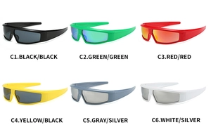 Collection of Y2K sports sunglasses in six vibrant colors with streamlined wrap frames