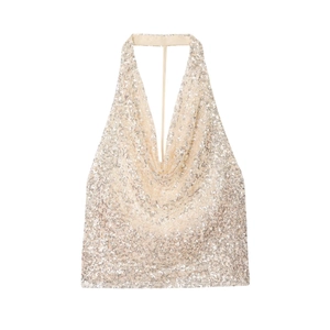 Top À Paillettes Dos Nu Licou Femme Col En V Profond Sexy Débardeur Brillant Pour Fête Et Club