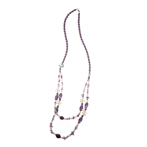 Long multi-layered purple amethyst glass bead necklace with vintage fringe style