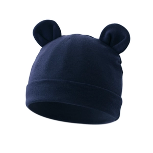 Close-up of navy blue baby beanie with cute bear ears made of soft cotton knit