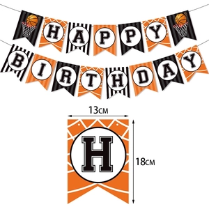 Basketball happy birthday banner with orange ball patterns and size labels for party decor