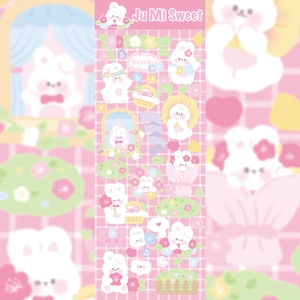 Detail of pink bunny garden stickers with cute rabbits and floral patterns for scrapbooking
