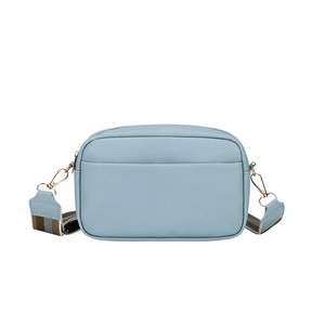 Light blue cross body camera bag with lychee texture and wide striped shoulder strap