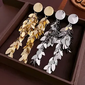 Fashion leaf sequin tassel drop earrings in gold and silver metal finish