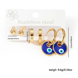 Three-piece stainless steel earring set with gold beads, hoops, and blue evil eye charms
