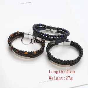 Three-piece men's braided leather bracelet set with tiger eye stones and magnetic clasp