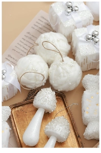 Exquisite white pearl-beaded Christmas tree ornaments with knit mushroom and bauble details