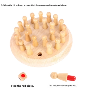 Top view of wooden memory chess game with solid wood base, colored pawns and dice