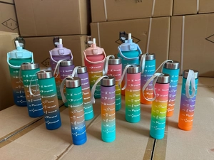Detail view of gradient frosted sports water bottles with time markers and motivational quotes