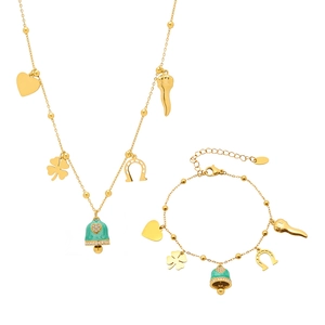 French romantic gold necklace and bracelet set with heart, clover, and green bell charms