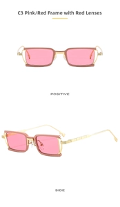 Detail of pink rectangular metal sunglasses featuring fine horizontal stripes on temples