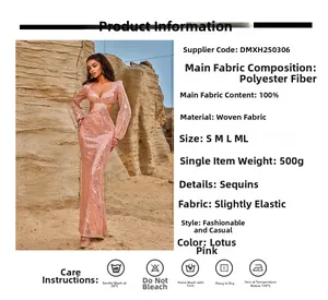 Detail of pink sequin evening dress with deep V-neck and waist hollow out design
