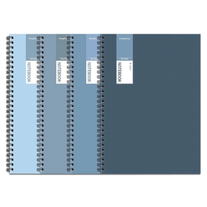 Set of four gradient blue spiral notebooks with Simplicity and Success cover text