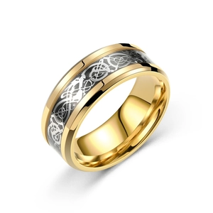 Detailed view of polished gold titanium steel ring with silver dragon pattern inlay