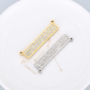 Rectangular stainless steel charms with three rows of diamonds in gold and silver