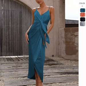 Robe Camisole Élégante En Satin Col En V Bretelles Spaghetti Nœud Devant Ourlet Fendu Taille Haute Couleur Unie Fête Femmes