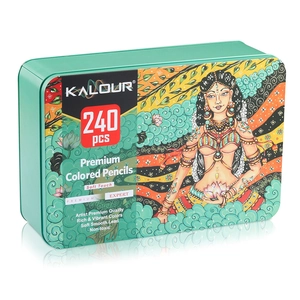 Front view of KALOUR 240 premium colored pencils in an artistic green metal storage box