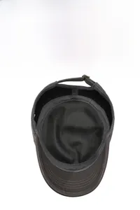 Detail view of the breathable mesh lining and adjustable metal buckle on cadet cap