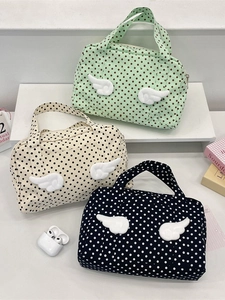 Polka Dot Handbag Polyester Twill With 3D Plush Wings Zipper Portable Travel Cosmetic Bag Cute Japanese Style For Women