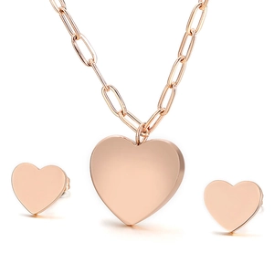 Parure de bijoux coeur en or rose poli avec collier chaîne trombone et boucles d'oreilles