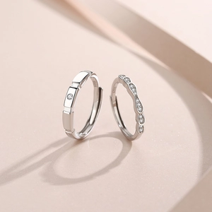 S925 sterling silver couple rings with minimalist band and shimmering zircon inlay