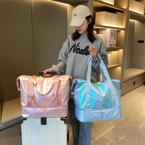 Holographic pink and blue travel bags with dry-wet separation and trolley sleeve design