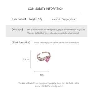 Detailed view of pink zircon heart ring specifications including dimensions and copper material
